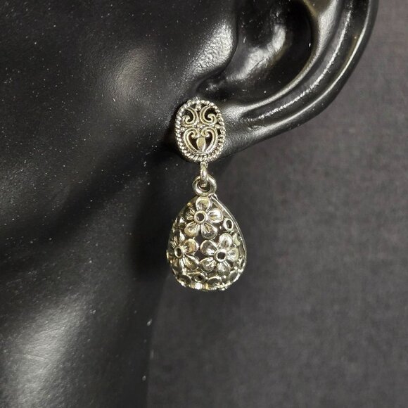 Silver-Tone Floral Teardrop Drop Earrings Filigree Vintage Inspired Dangle - Picture 1 of 5
